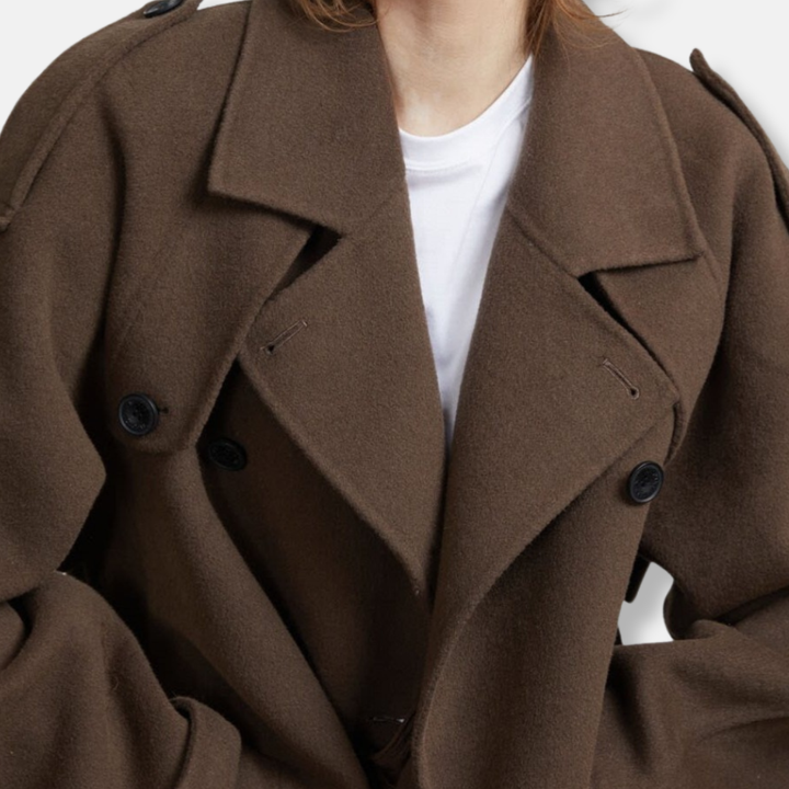 Womens Trench Coat Wool Blend Oversized Double Breasted Belted