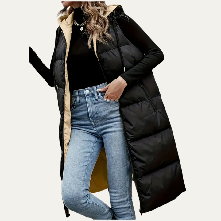 Womens Longline Puffer Vest with Hooded Design