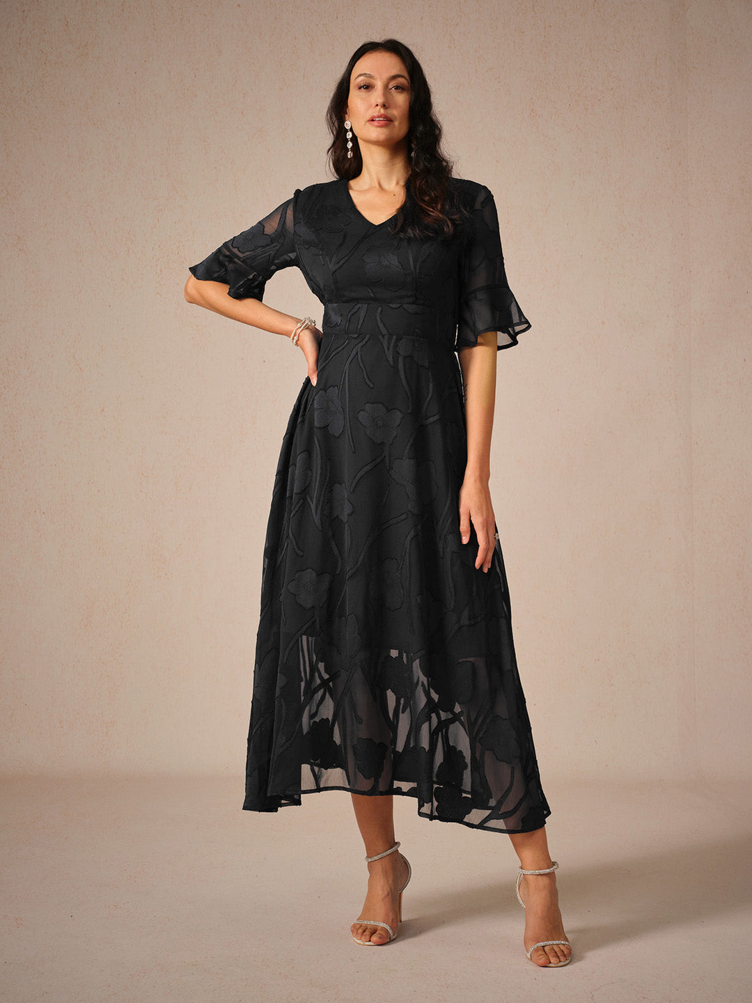 Womens Midi Dress Lace Ruffle Sleeve - BritishMode