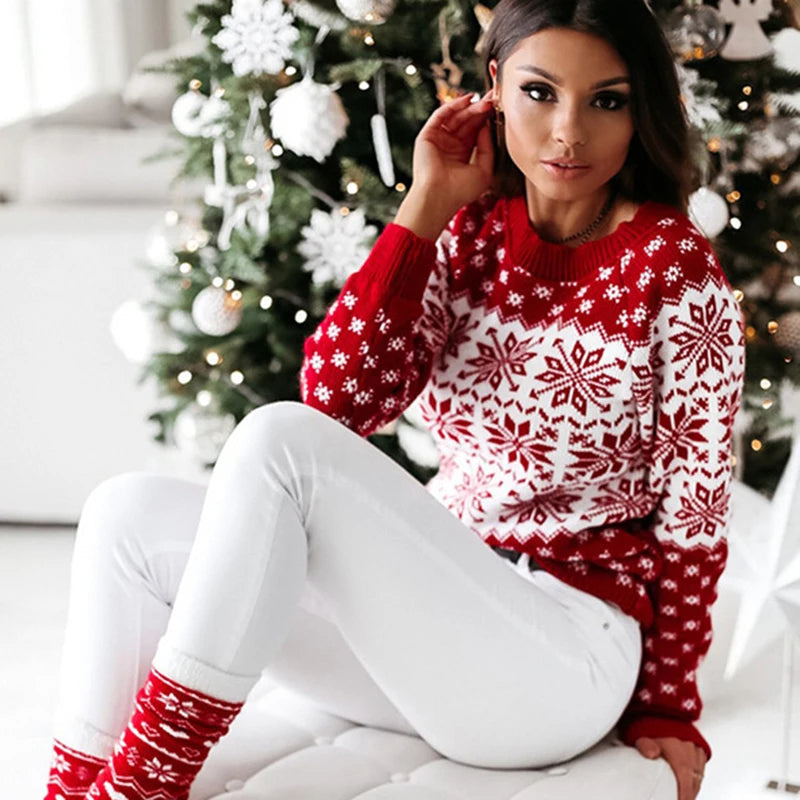 Womens Casual Knit Sweater Snowflake Pattern Comfortable Fit - BritishMode