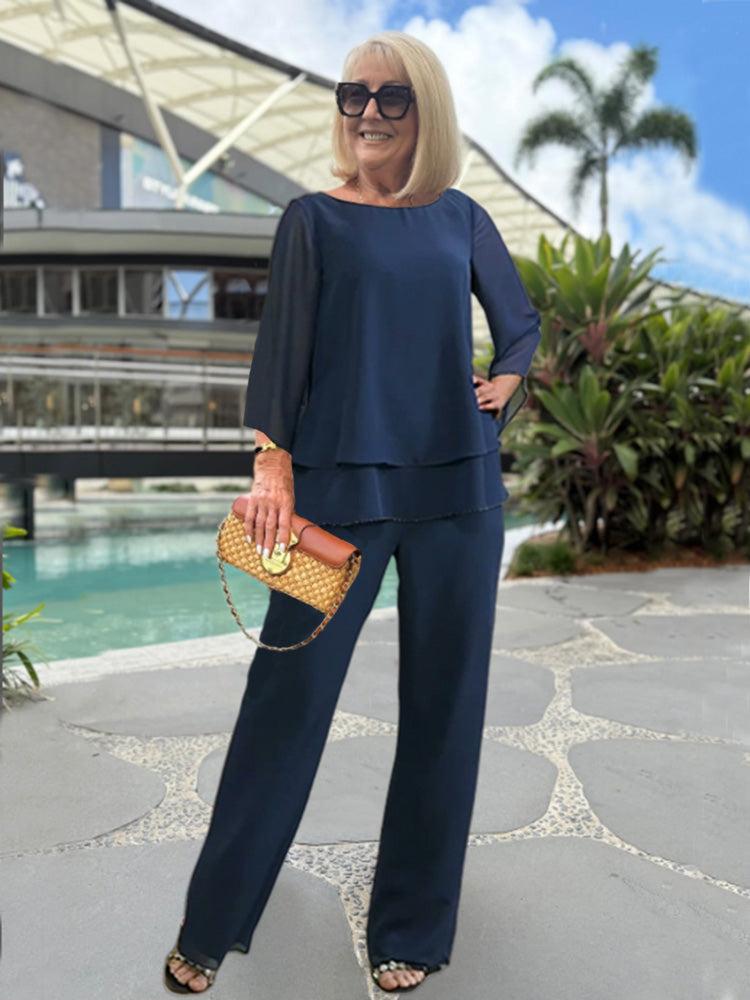 Womens Two-Piece Set with Blouse and Comfortable Pants Relaxed Fit