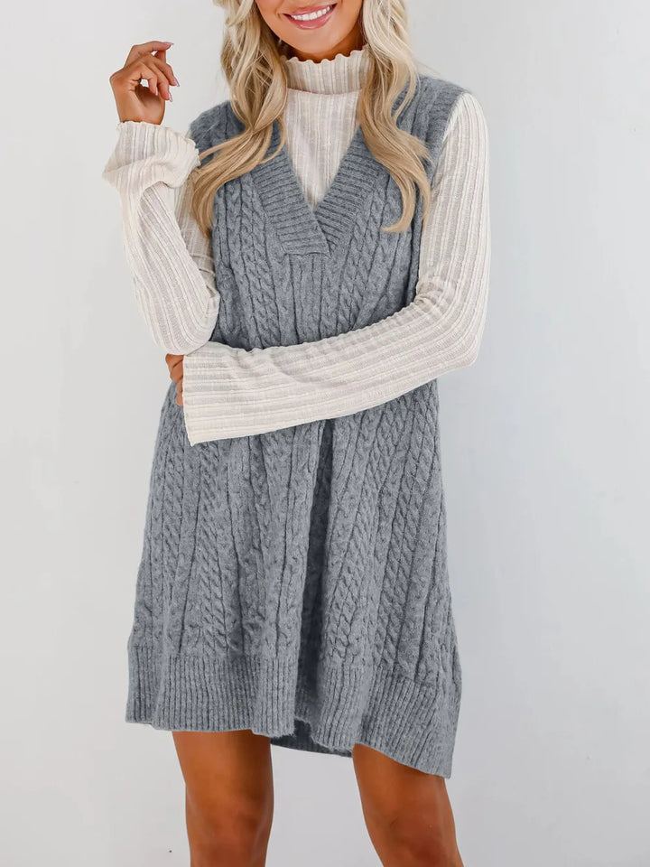 Womens Sweater Dress Cable Knit V-Neck Comfortable Fit - BritishMode