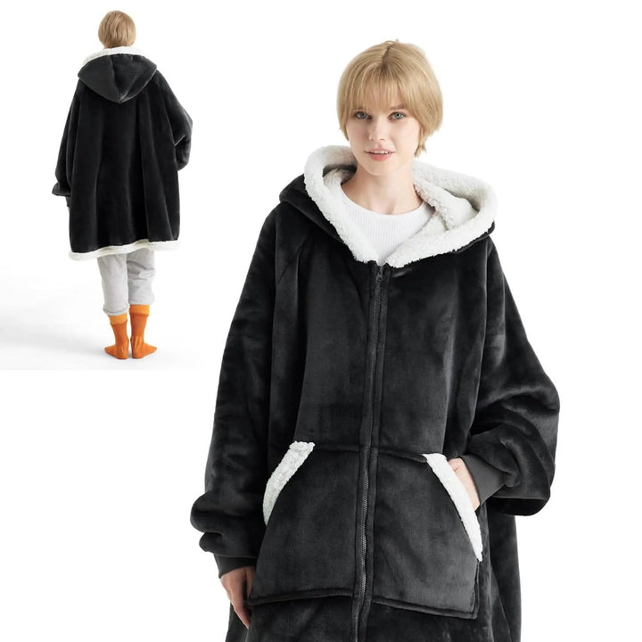 Unisex Wearable Blanket Hoodie Sherpa Fleece Zippered Warm