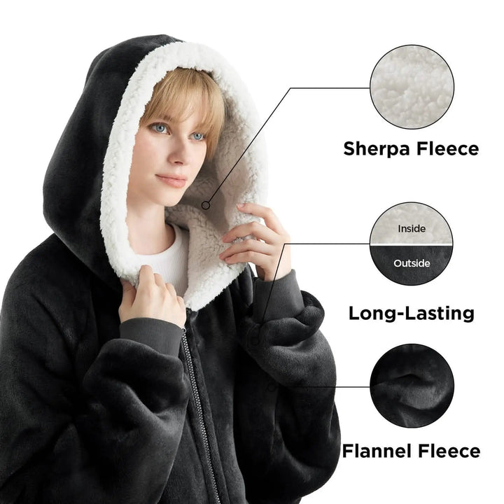 Unisex Wearable Blanket Hoodie Sherpa Fleece Zippered Warm