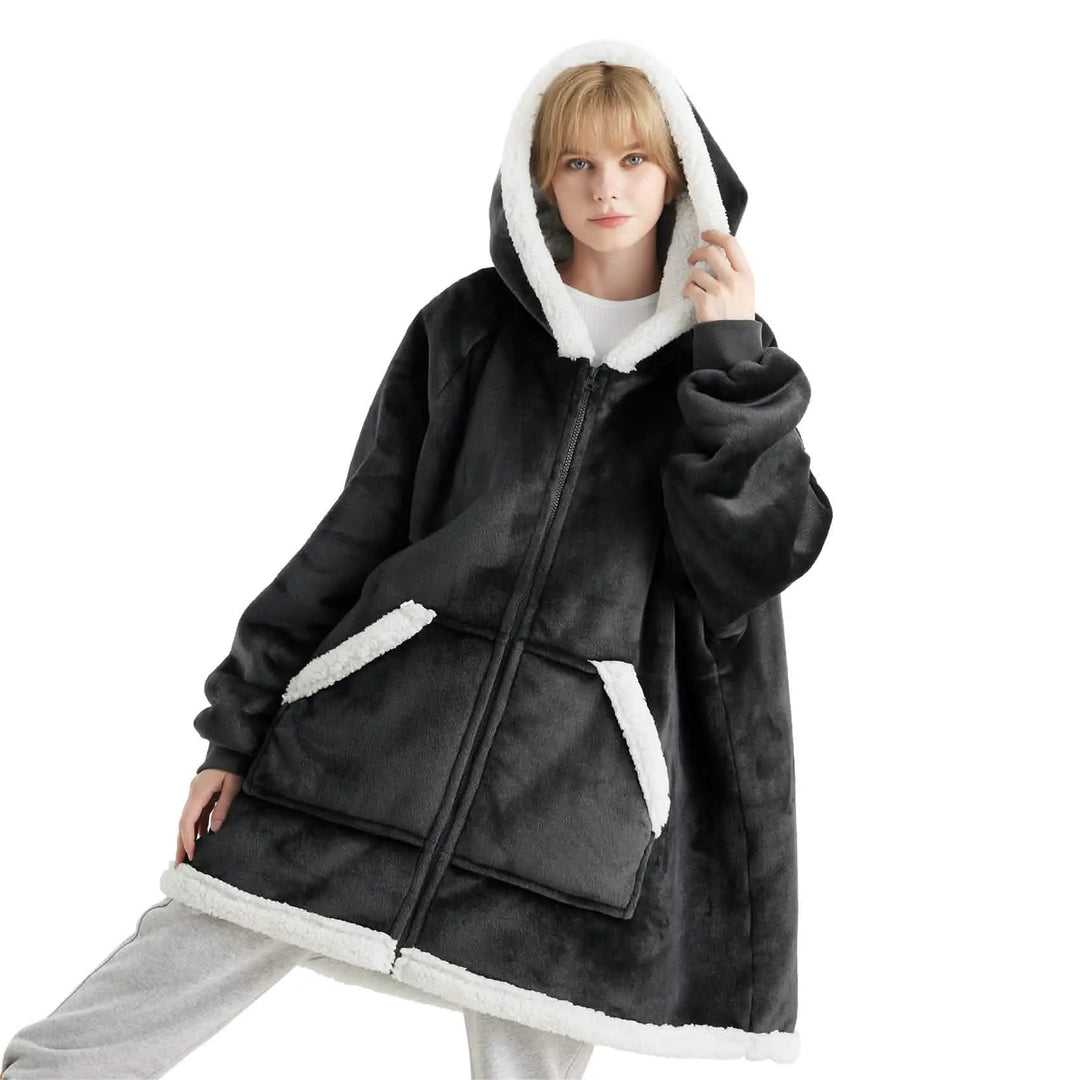 Unisex Wearable Blanket Hoodie Sherpa Fleece Zippered Warm