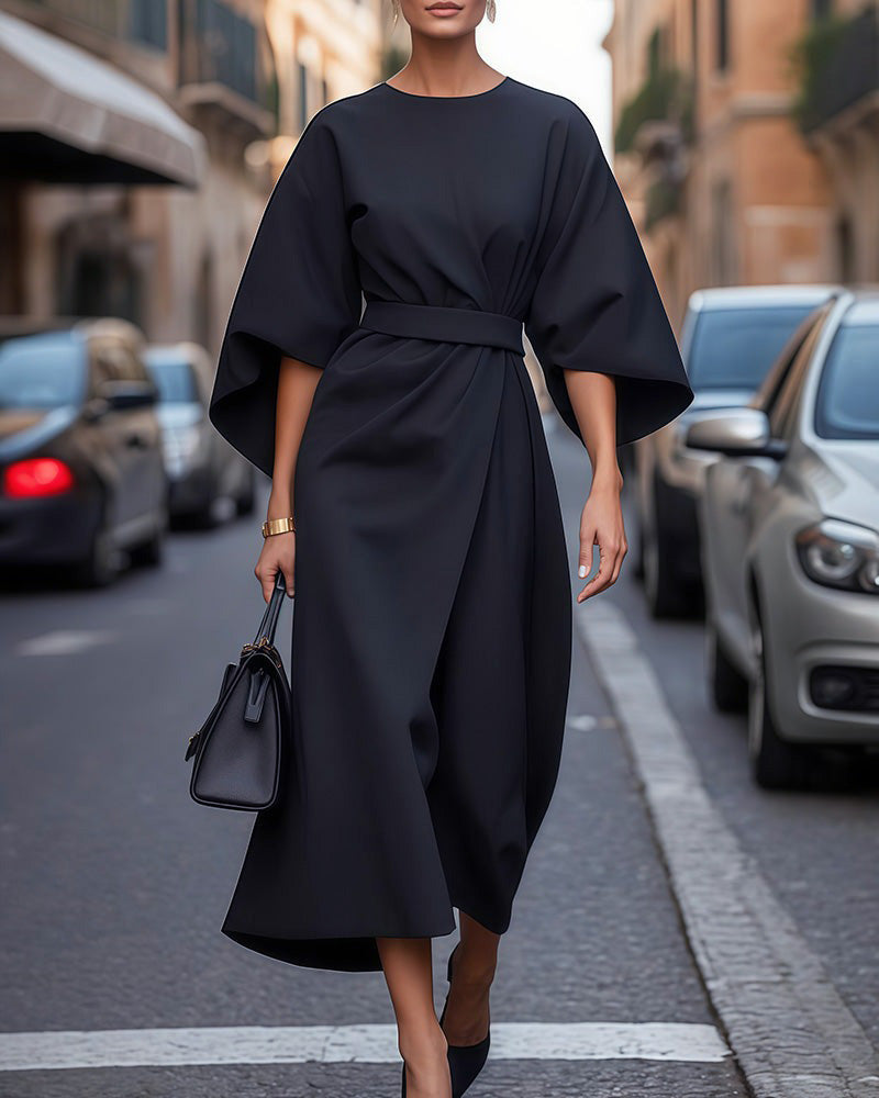 Womens Dress with Bell Sleeves and Waist Belt - BritishMode