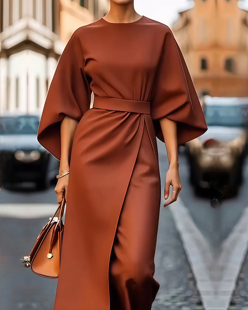 Womens Dress with Bell Sleeves and Waist Belt