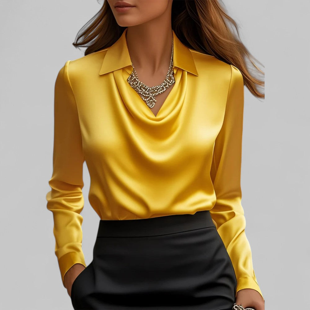 Womens Satin Blouse with Lace Point Collar and Cowl Neck Long Sleeve