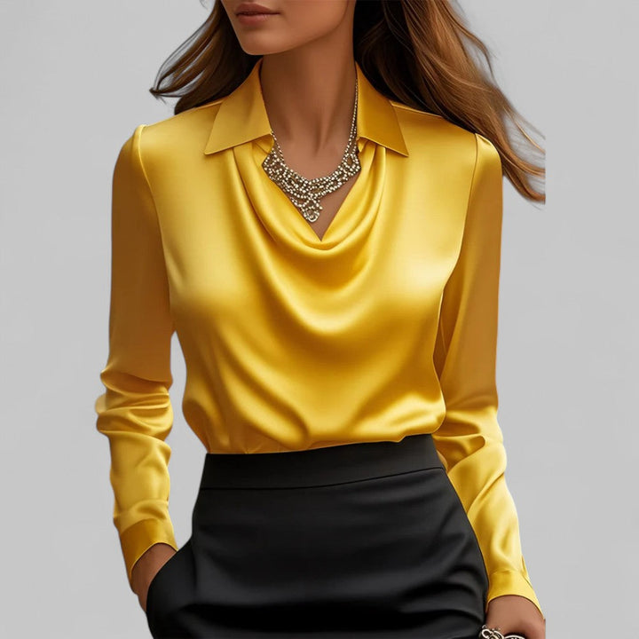 Womens Satin Blouse with Lace Point Collar and Cowl Neck Long Sleeve