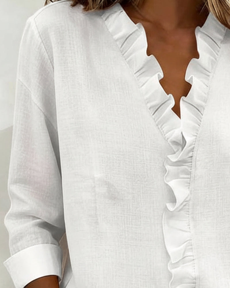 Womens Long Sleeve Blouse with Ruffle V-Neck Relaxed Fit