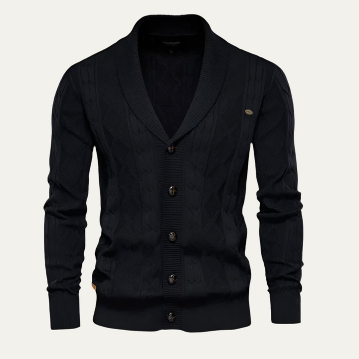 Mens Cable Knit Cardigan with Shawl Collar and Buttons