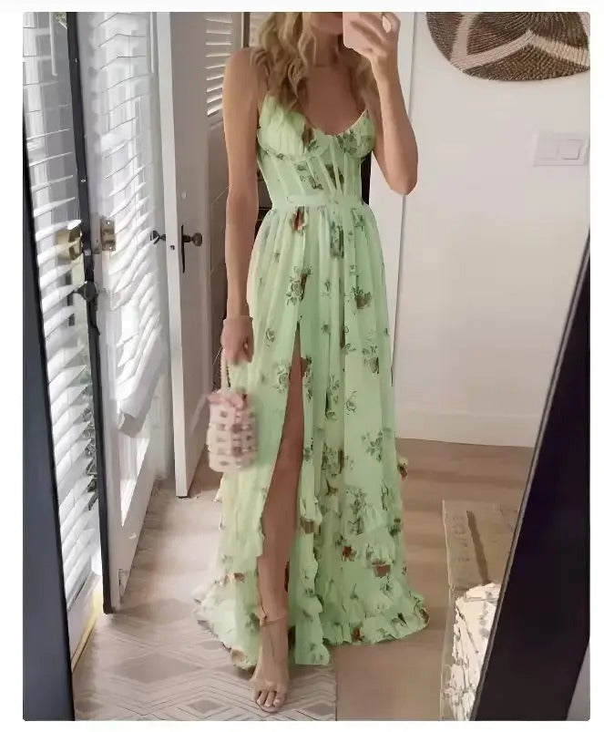 Womens Long Evening Dress Floral Pattern Elegant Fit