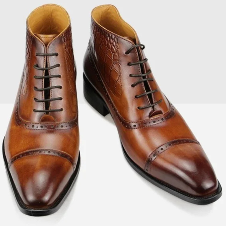 Mens Leather Oxford Boots Pointed Toe Ankle Height