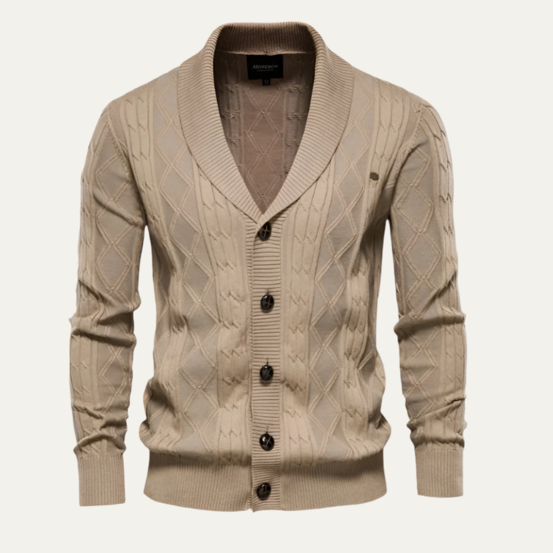 Mens Cable Knit Cardigan with Shawl Collar and Buttons
