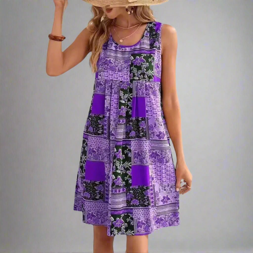 Womens Sleeveless Mini Dress Boho Patchwork Print