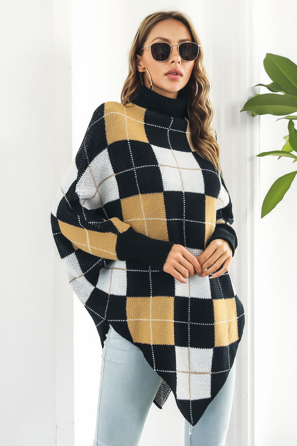 Womens Oversized Poncho Cape Checked Pattern Turtleneck - BritishMode