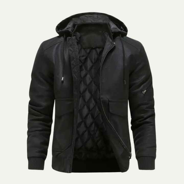 Mens Bomber Jacket Faux Leather Hooded