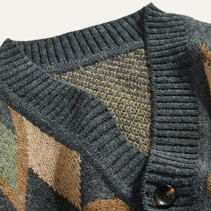 Mens Vintage Geometric Button-Up Cardigan Knit