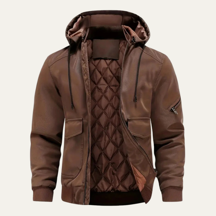 Mens Bomber Jacket Faux Leather Hooded - BritishMode