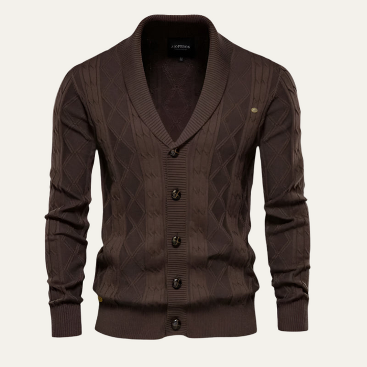 Mens Cable Knit Cardigan with Shawl Collar and Buttons - BritishMode
