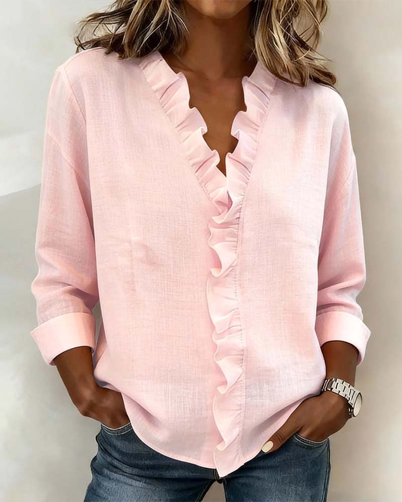 Womens Blouse with Ruffle V-Neck Long Sleeve - BritishMode