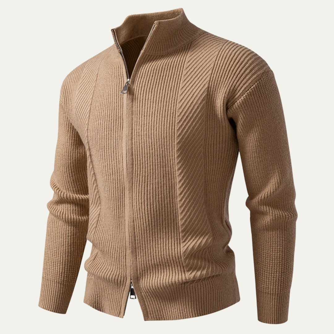 Mens Ribbed Knit Cardigan Zip-Up Smart Casual