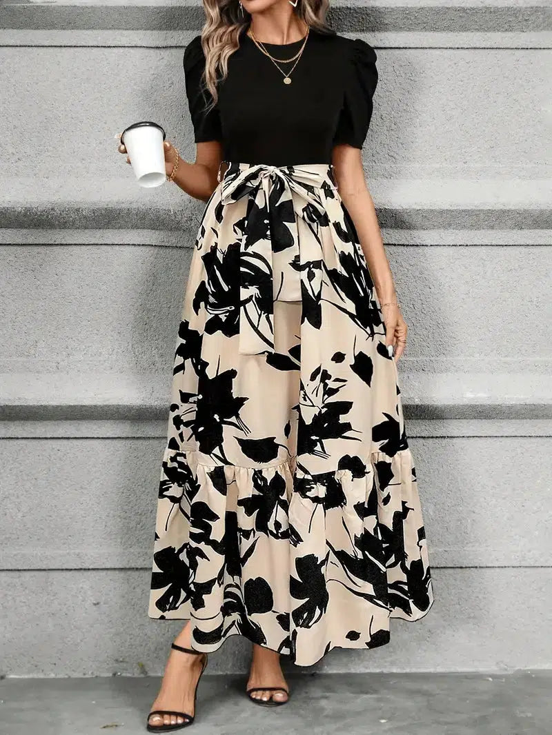 Womens Maxi Dress with Puff Sleeves and Tie Waist
