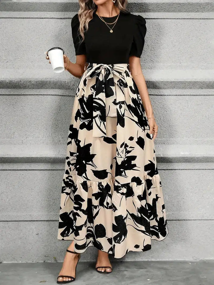 Womens Maxi Dress with Puff Sleeves and Tie Waist