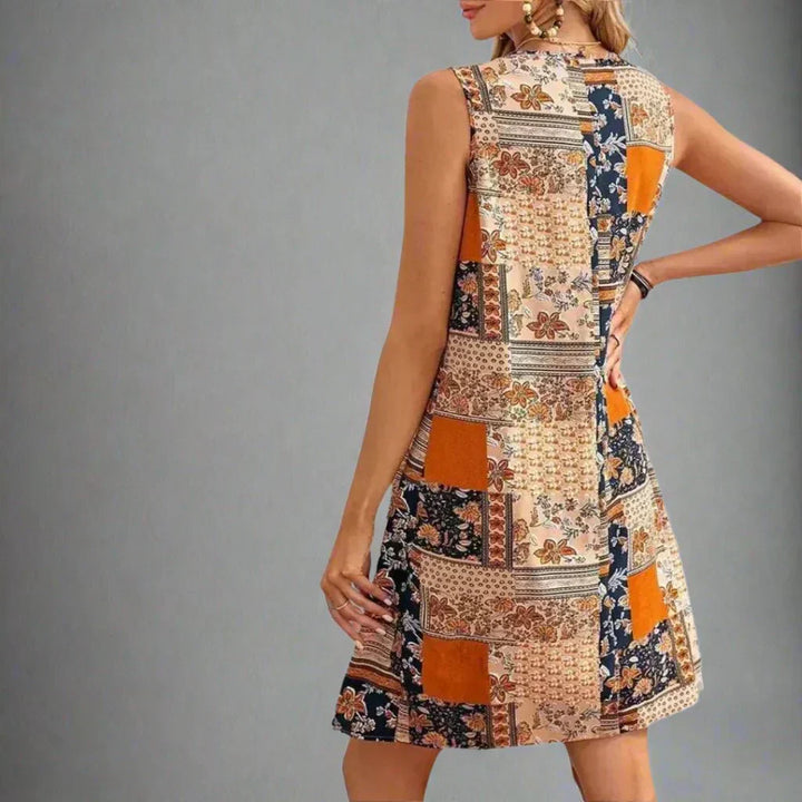 Womens Sleeveless Mini Dress Boho Patchwork Print