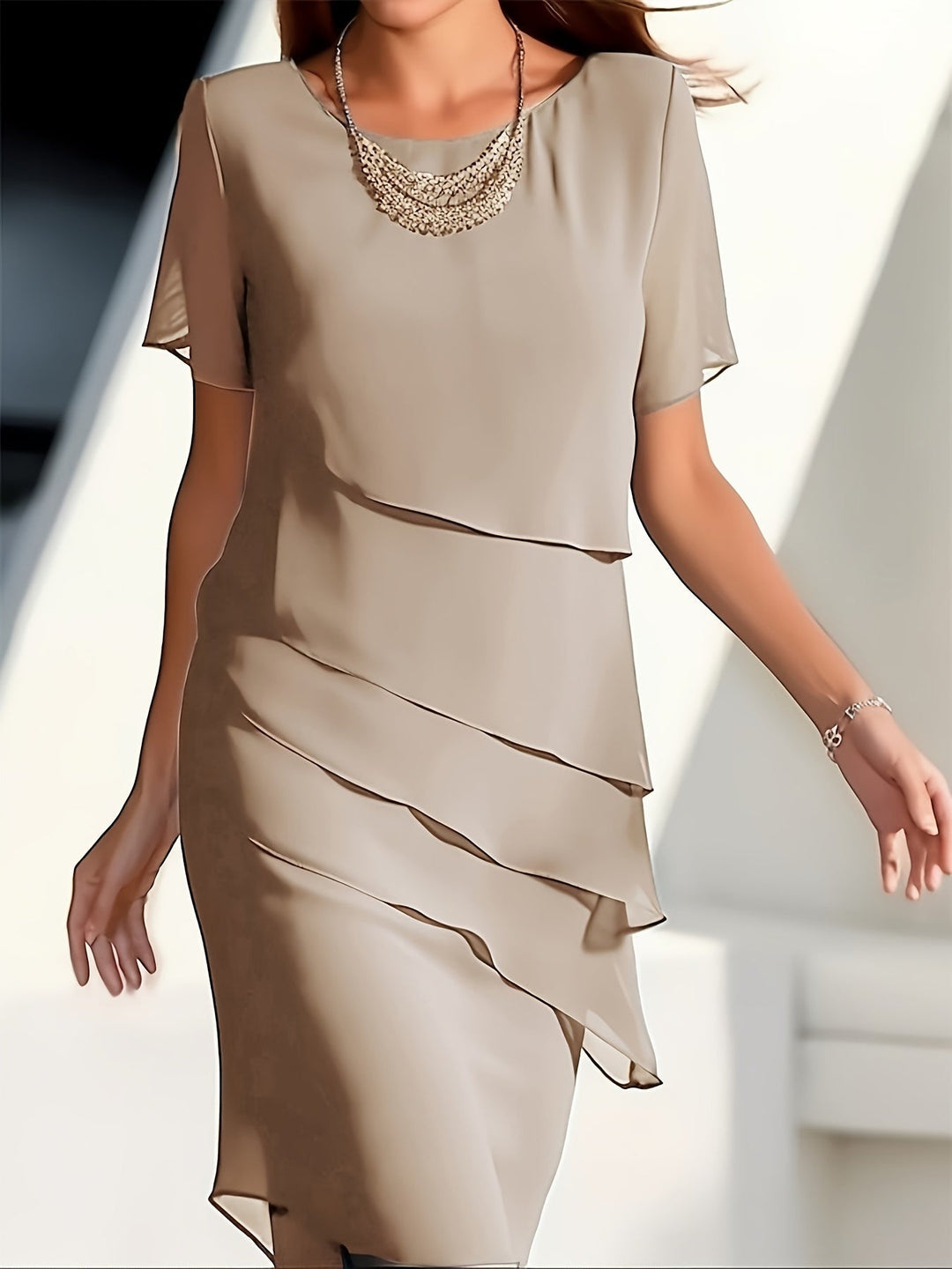 Womens Short Sleeve Dress with Ruffle Trim Classic Style