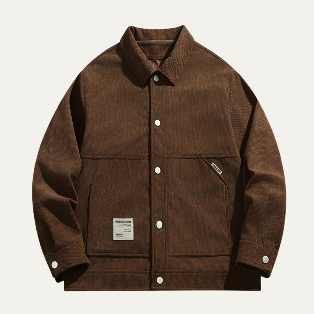 Mens Corduroy Button-Up Coat with Lapel Collar