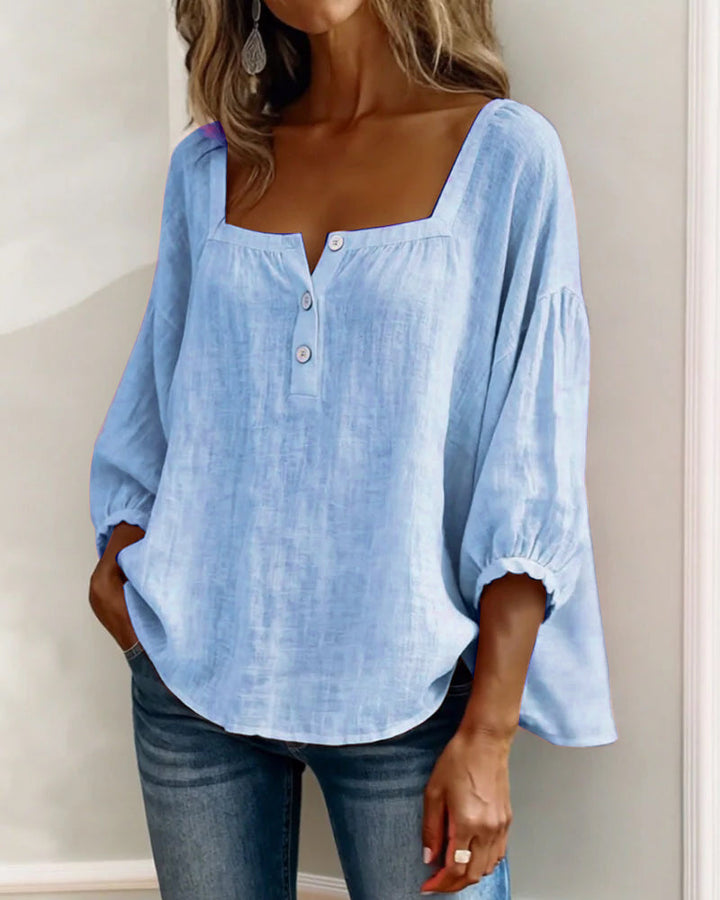 Womens Blouse Square Neck Puff Sleeve Button Front
