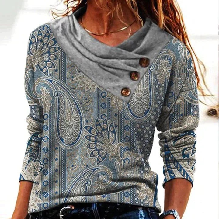 Womens Long Top with Floral Pattern Crew Neck - BritishMode