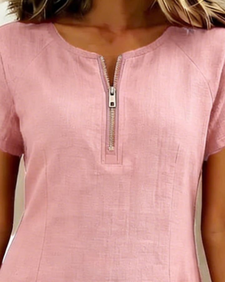 Womens Shift Dress Short Sleeve Zip Neck with Pockets
