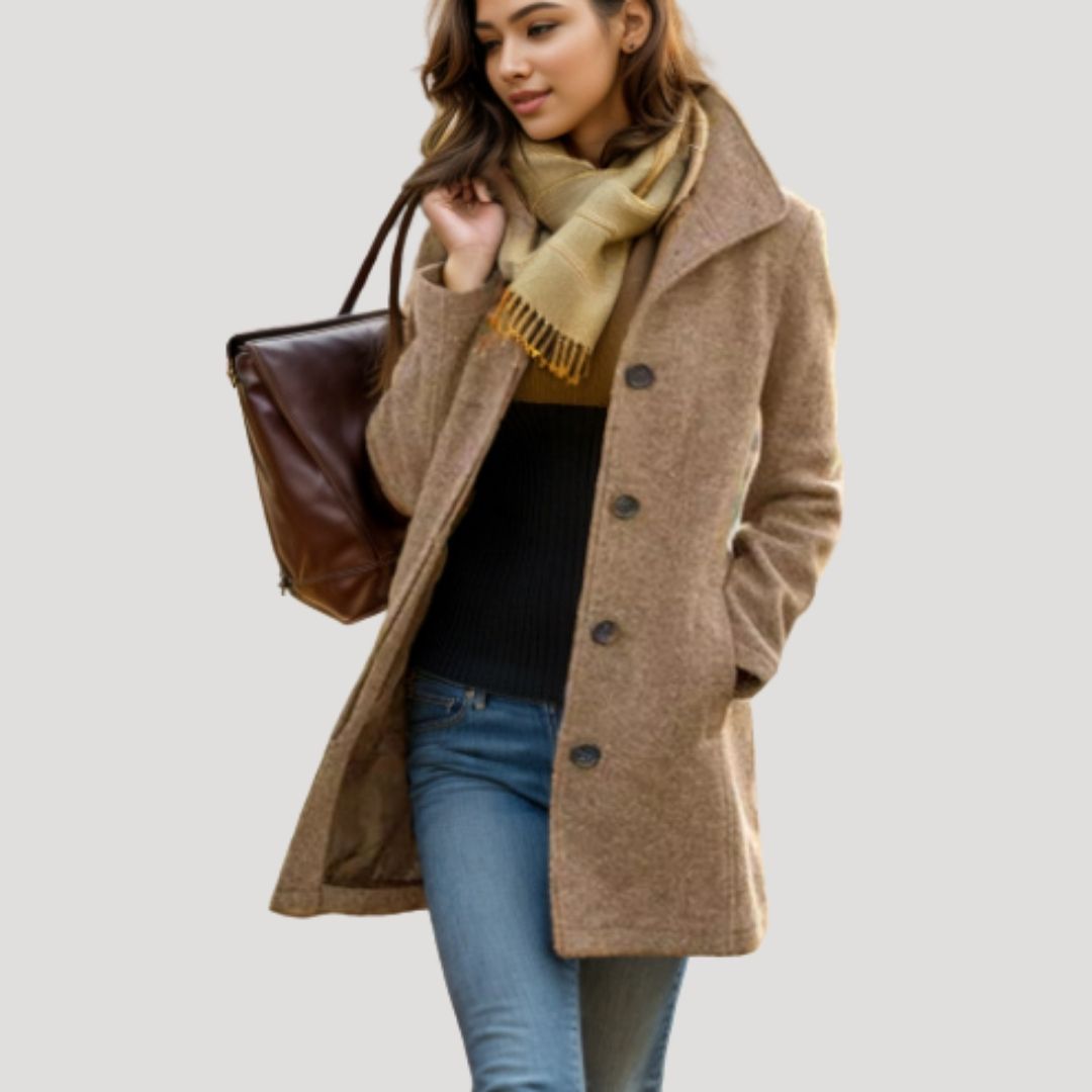 Womens Wool Long Coat with Button Closure - BritishMode