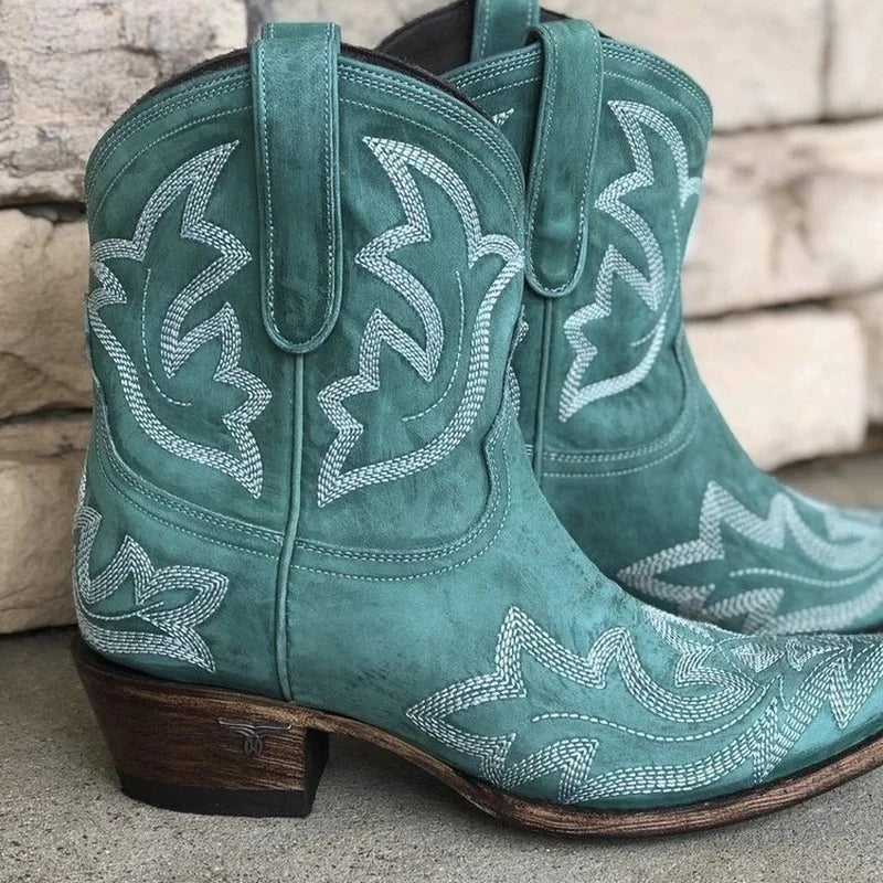 Womens Leather Cowboy Boots with Embroidered Design - BritishMode