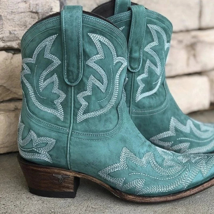 Womens Embroidered Western Ankle Boots Leather