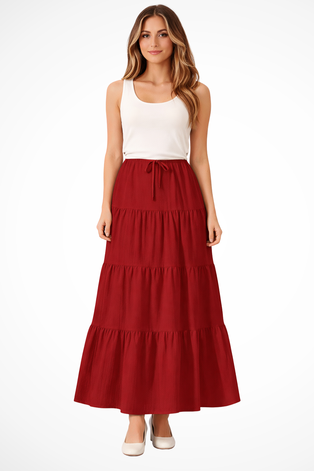 Womens Maxi Skirt Elastic Waist Drawstring Tiered Boho Style