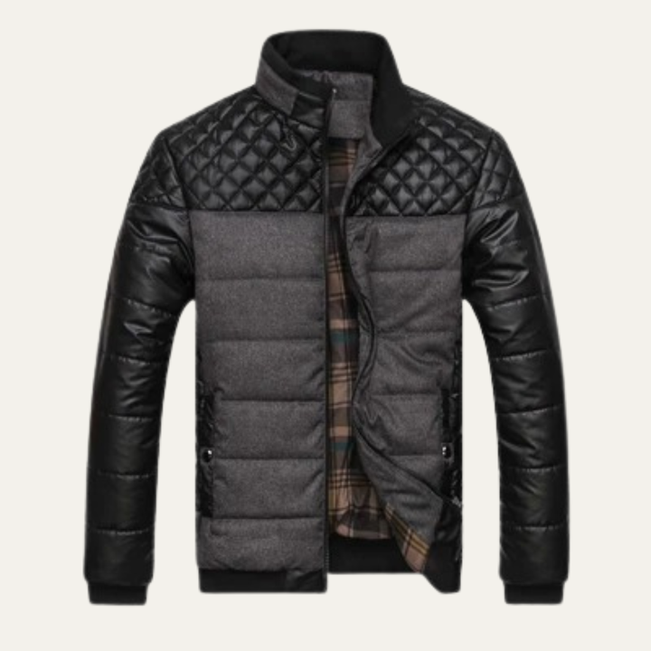 Mens Quilted Leather Jacket with Padded Stand Collar
