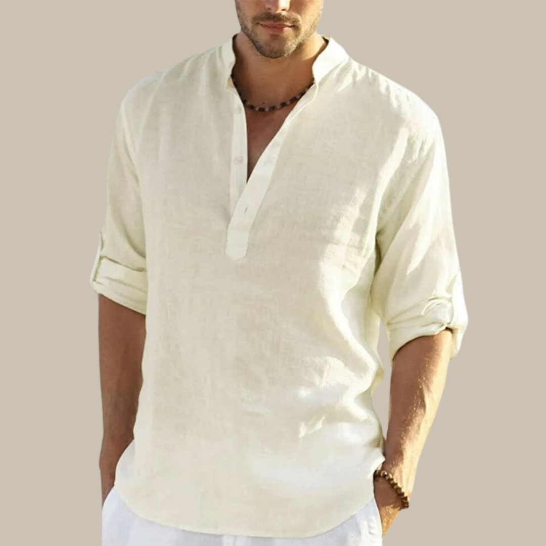 Mens V-Neck Shirt with Mandarin Collar Lightweight Summer Fit