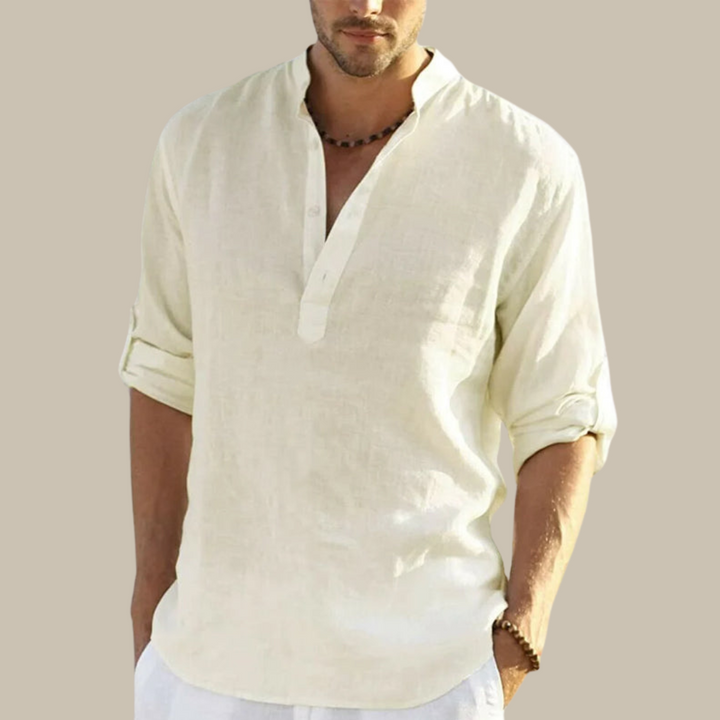 Mens V-Neck Shirt with Mandarin Collar Lightweight Summer Fit