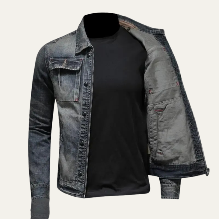 Mens Denim Jacket Full Zip Distressed Fit