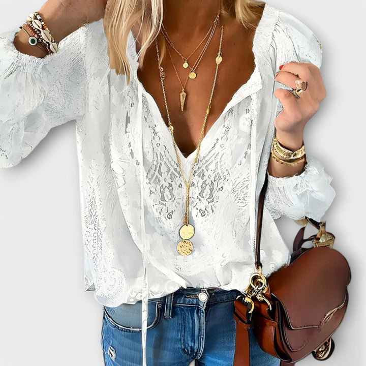 Womens Peasant Top V-Neck Long Sleeve Casual - BritishMode