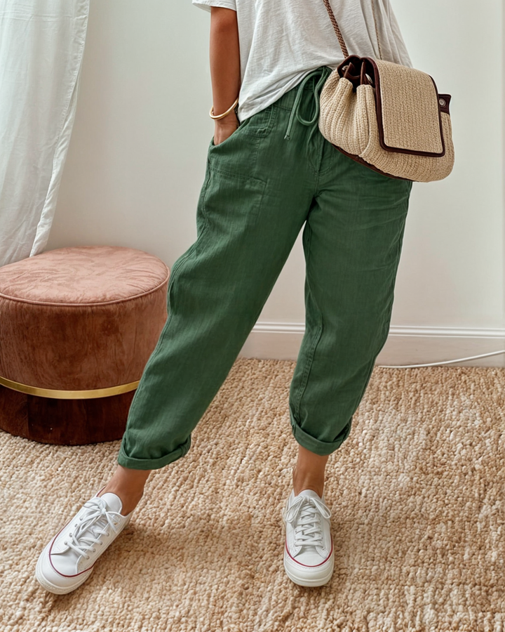 Mens Linen Jogger Trousers Textured Drawstring Fit