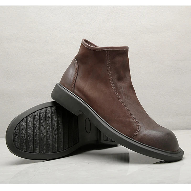 Mens Leather Ankle Boots Plush Lining Zip-Up