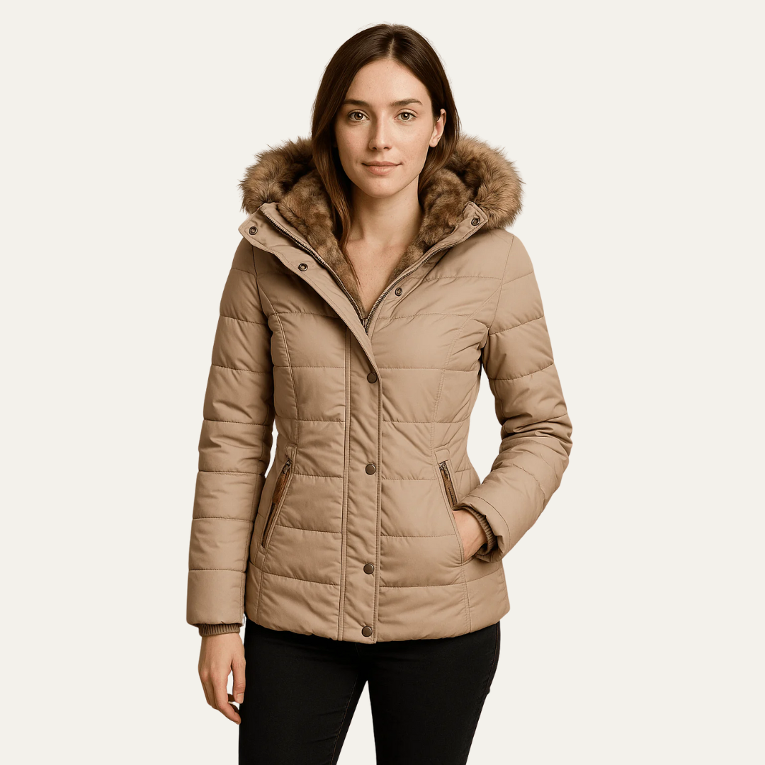 Womens Quilted Puffer Jacket Faux Fur Hooded