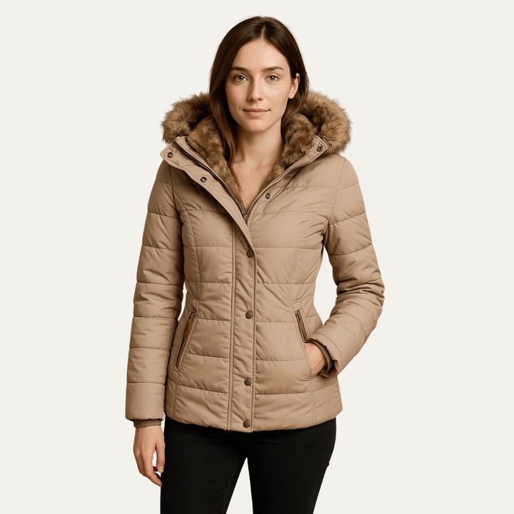 Womens Quilted Puffer Jacket Faux Fur Hooded