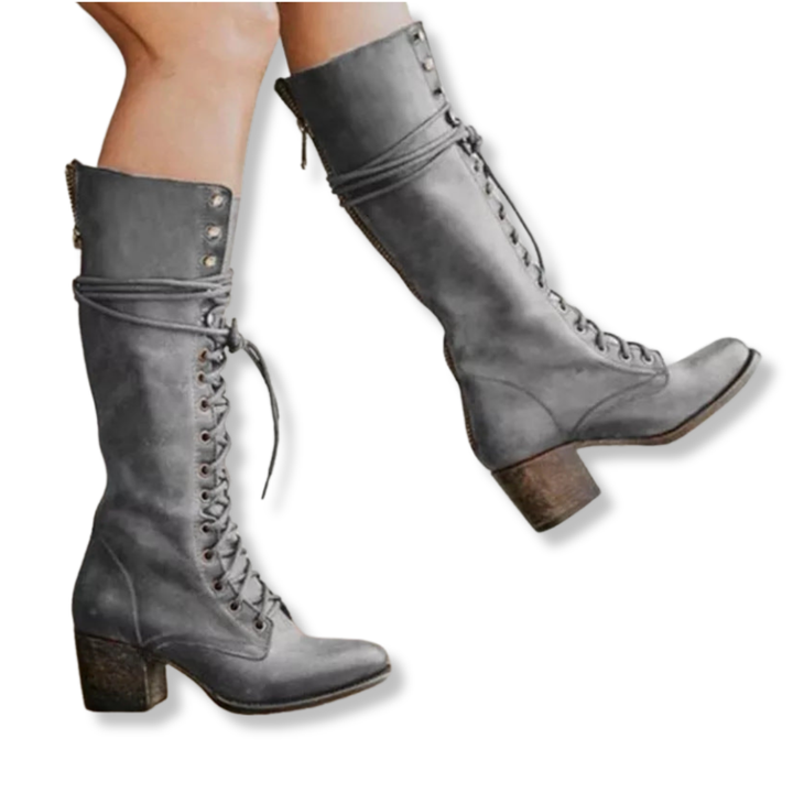 Womens Knee Boots Lace-Up Block Heel Fold-Over Cuff