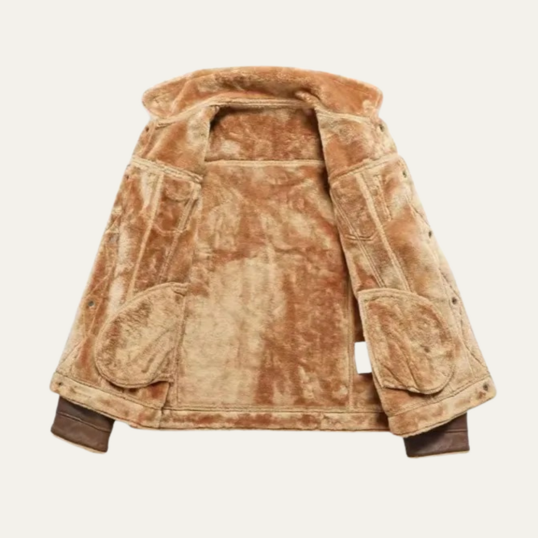 Mens Vintage Leather Jacket with Shearling Collar