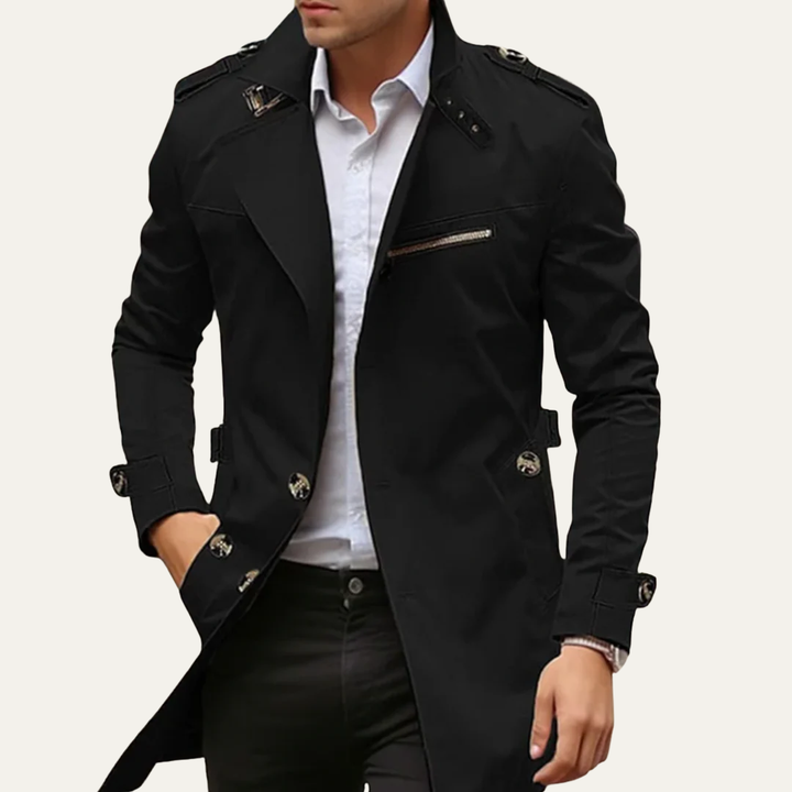 Mens Trench Coat Long Single-Breasted Classic Fit